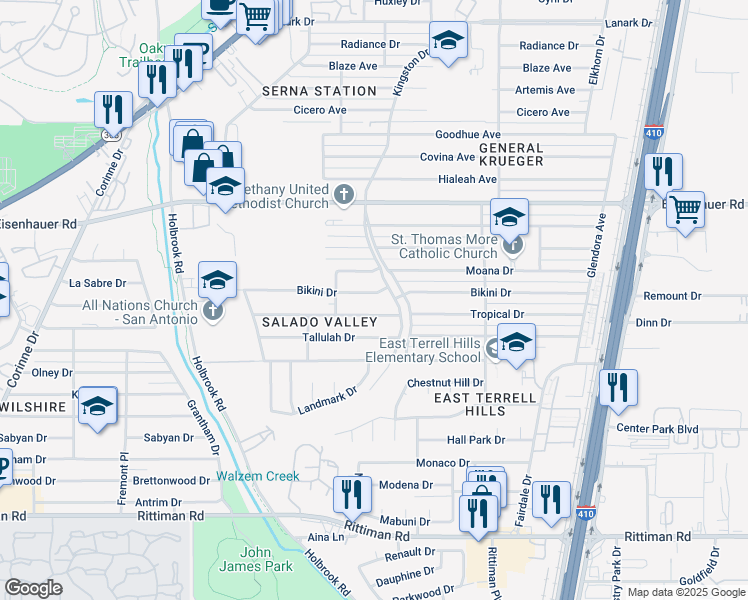 map of restaurants, bars, coffee shops, grocery stores, and more near 4130 Bikini Drive in San Antonio