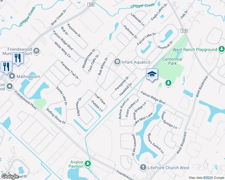 map of restaurants, bars, coffee shops, grocery stores, and more near 1214 Peregrine Dr in Friendswood