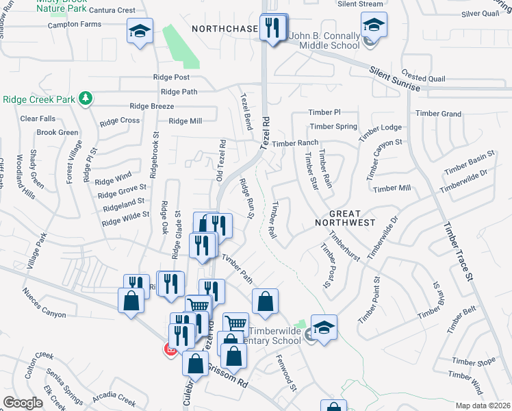 map of restaurants, bars, coffee shops, grocery stores, and more near 5618 Ridge Run Street in San Antonio