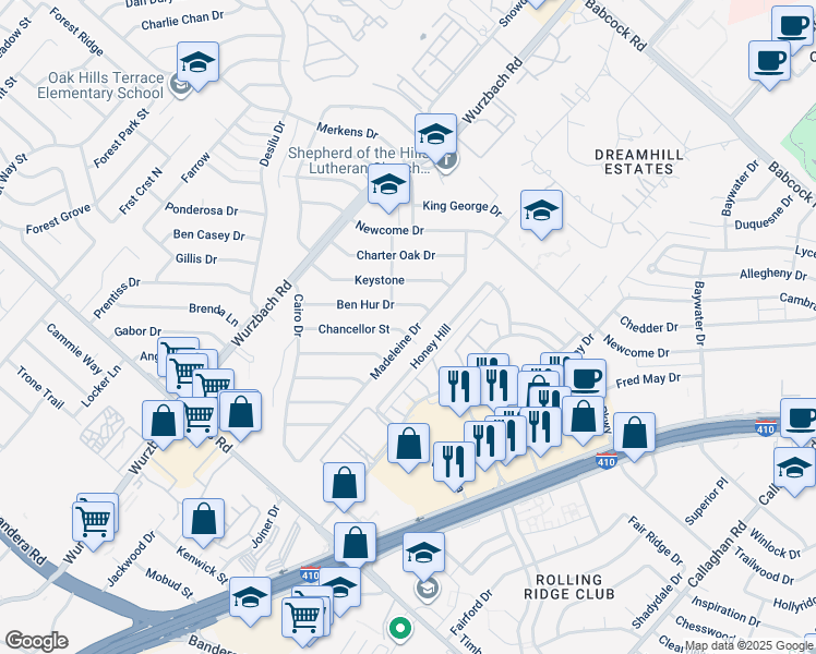 map of restaurants, bars, coffee shops, grocery stores, and more near 5303 Chancellor Street in San Antonio