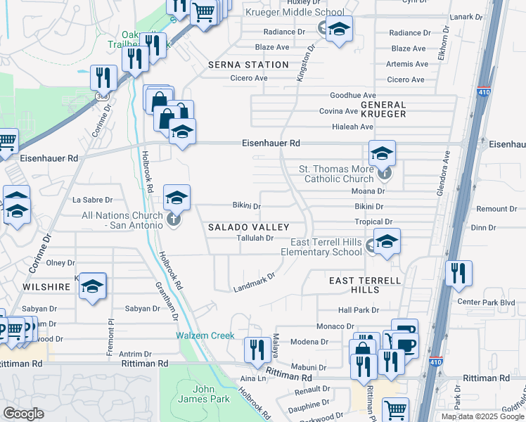 map of restaurants, bars, coffee shops, grocery stores, and more near 4102 Bikini Drive in San Antonio