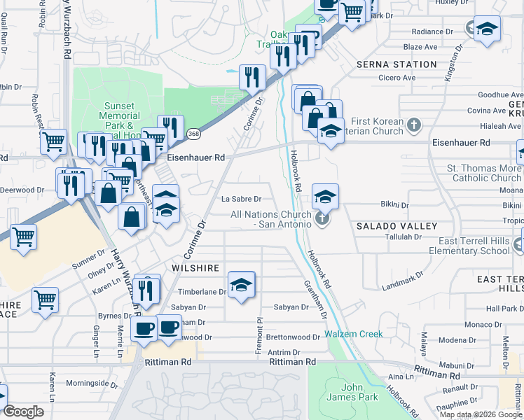 map of restaurants, bars, coffee shops, grocery stores, and more near 3723 Invicta Drive in San Antonio