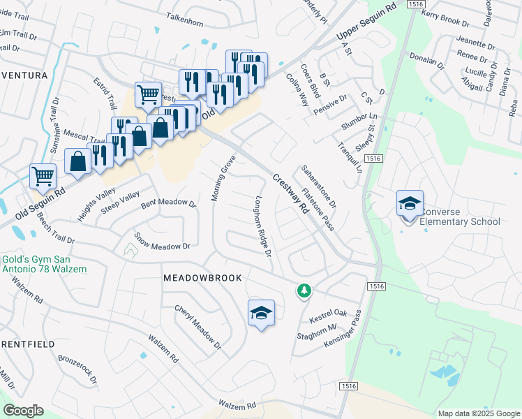 map of restaurants, bars, coffee shops, grocery stores, and more near 8322 Longhorn Ridge in Converse
