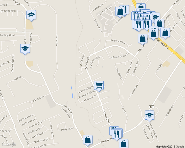 map of restaurants, bars, coffee shops, grocery stores, and more near 7331 Deep Spring Drive in San Antonio