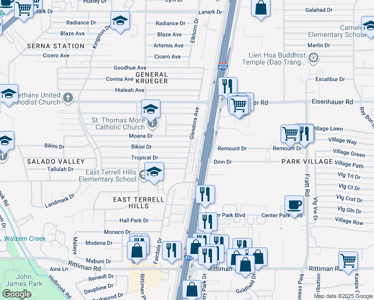 map of restaurants, bars, coffee shops, grocery stores, and more near 4530 Bikini Drive in San Antonio