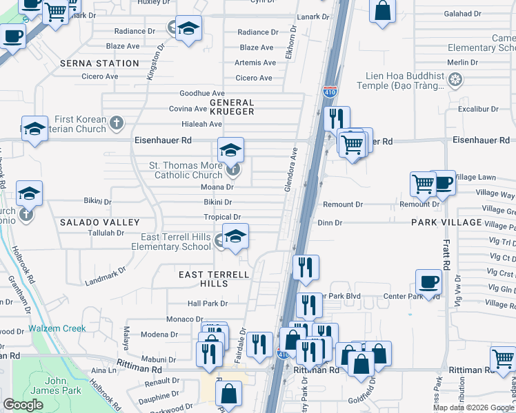 map of restaurants, bars, coffee shops, grocery stores, and more near 4506 Bikini Dr in San Antonio