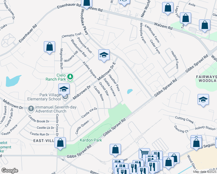 map of restaurants, bars, coffee shops, grocery stores, and more near 4915 Dahlia Terrace in San Antonio