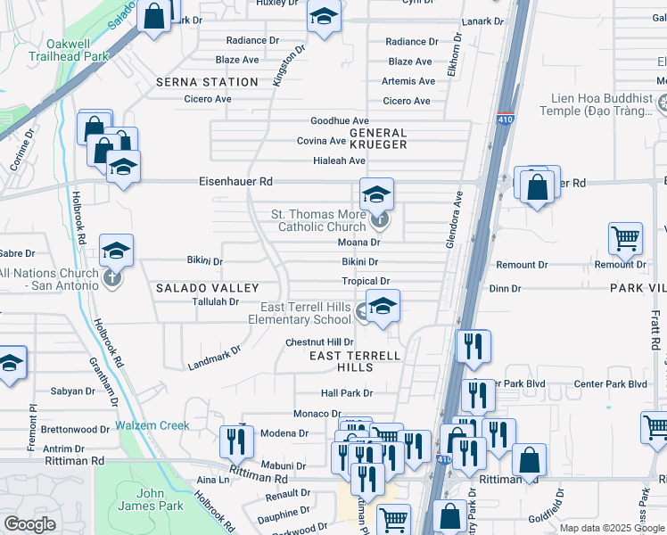 map of restaurants, bars, coffee shops, grocery stores, and more near 4326 Bikini Drive in San Antonio