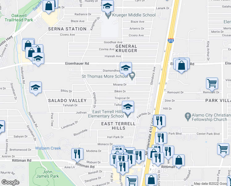 map of restaurants, bars, coffee shops, grocery stores, and more near 4326 Bikini Drive in San Antonio