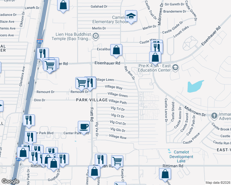 map of restaurants, bars, coffee shops, grocery stores, and more near 5115 Village Green in San Antonio