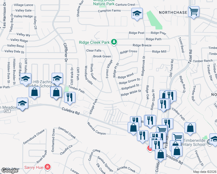 map of restaurants, bars, coffee shops, grocery stores, and more near 6315 Forest Village in San Antonio
