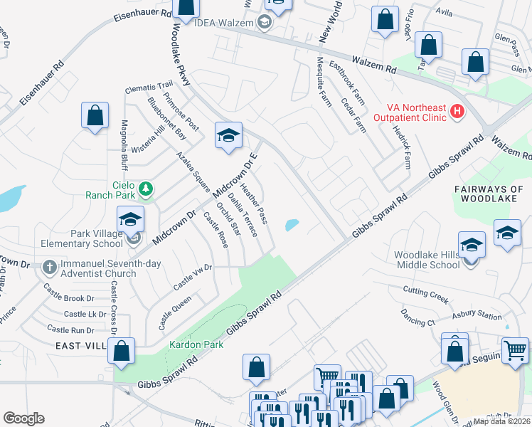 map of restaurants, bars, coffee shops, grocery stores, and more near 4846 Heather Pass in San Antonio