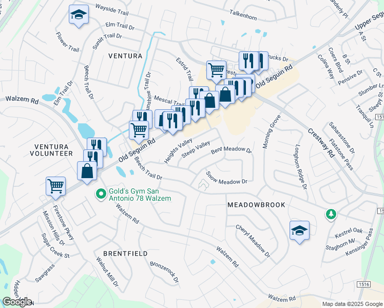 map of restaurants, bars, coffee shops, grocery stores, and more near 8155 Steep Valley in Converse
