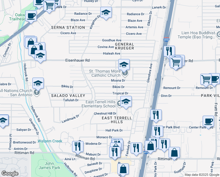 map of restaurants, bars, coffee shops, grocery stores, and more near 4326 Bikini Drive in San Antonio