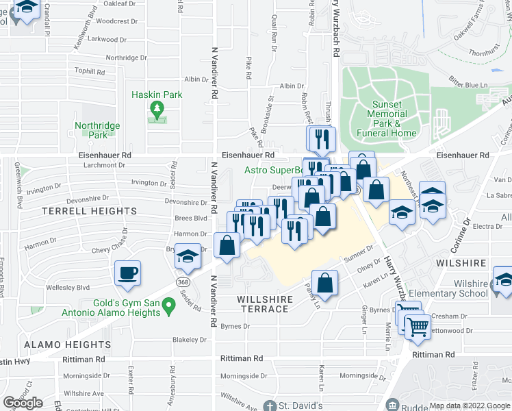 map of restaurants, bars, coffee shops, grocery stores, and more near 129 Cloudhaven Drive in San Antonio