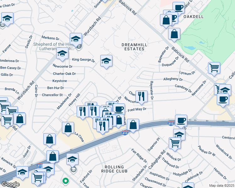 map of restaurants, bars, coffee shops, grocery stores, and more near 5010 Summit Pass in San Antonio