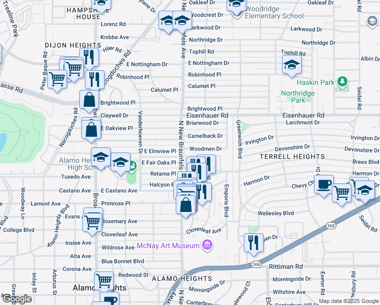 map of restaurants, bars, coffee shops, grocery stores, and more near 2206 Woodmen Drive in San Antonio