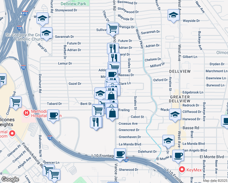 map of restaurants, bars, coffee shops, grocery stores, and more near 2237 Vance Jackson Road in San Antonio