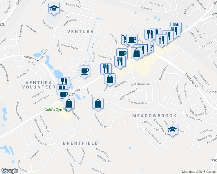 map of restaurants, bars, coffee shops, grocery stores, and more near 8127 Heights Valley in Converse