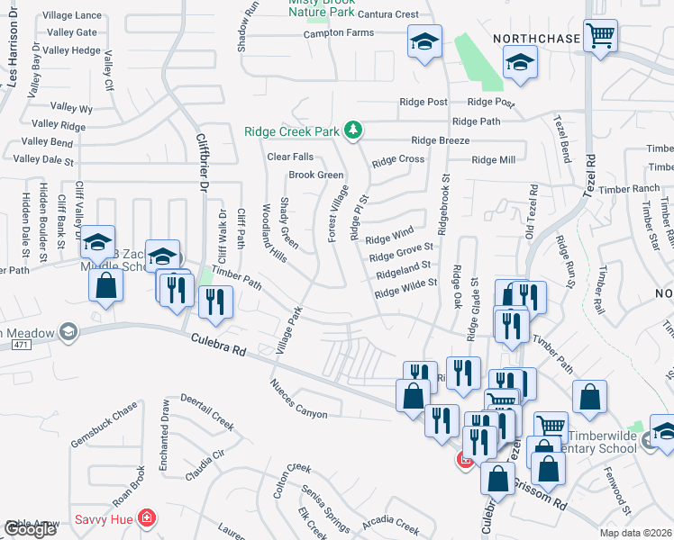 map of restaurants, bars, coffee shops, grocery stores, and more near 6315 Forest Village in San Antonio