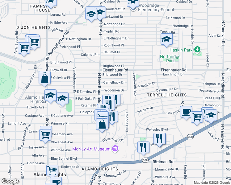 map of restaurants, bars, coffee shops, grocery stores, and more near 2306 Woodmen Drive in San Antonio