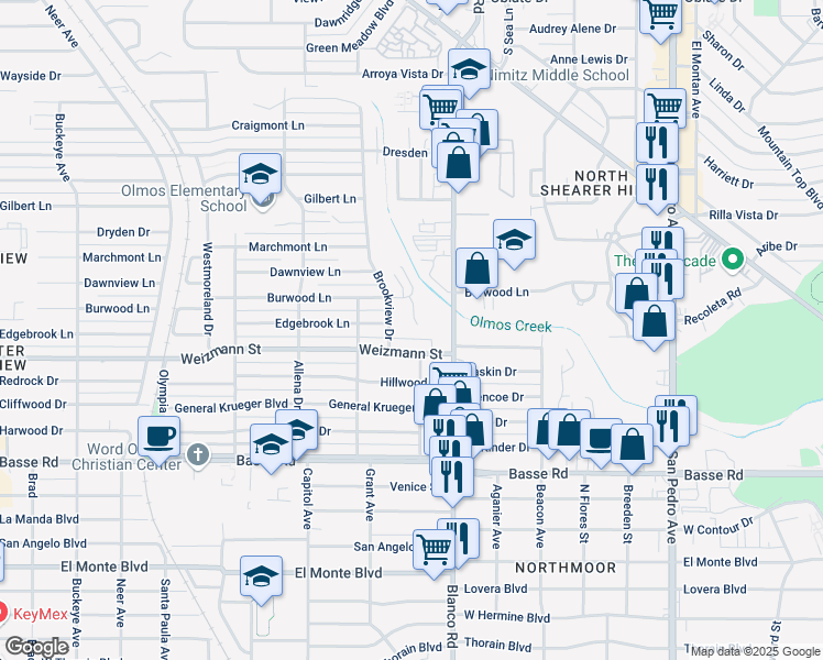 map of restaurants, bars, coffee shops, grocery stores, and more near 6805 Basilwood Drive in San Antonio
