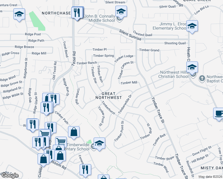 map of restaurants, bars, coffee shops, grocery stores, and more near 8626 Timber Lodge in San Antonio