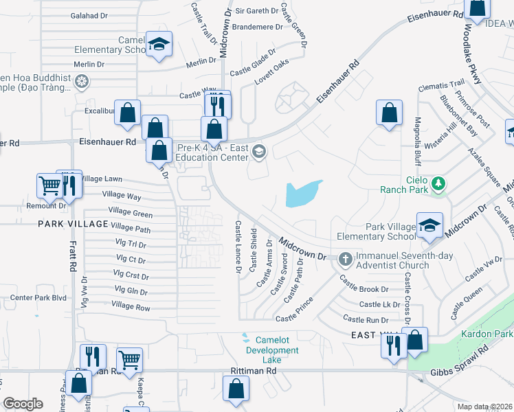 map of restaurants, bars, coffee shops, grocery stores, and more near 6302 Hibiscus Falls in San Antonio
