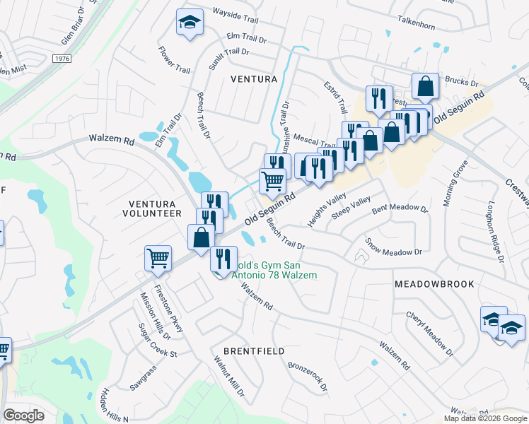 map of restaurants, bars, coffee shops, grocery stores, and more near Seguin Rd & Beech Trail in Bexar
