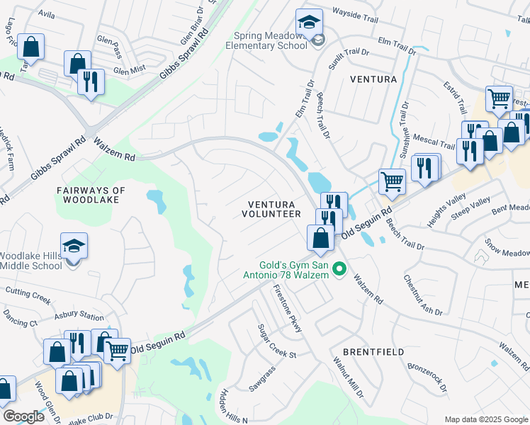 map of restaurants, bars, coffee shops, grocery stores, and more near 7543 Ledgebrook Dr in San Antonio