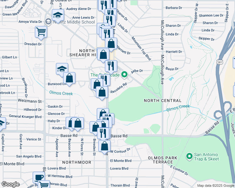 map of restaurants, bars, coffee shops, grocery stores, and more near 322 Recoleta Road in San Antonio