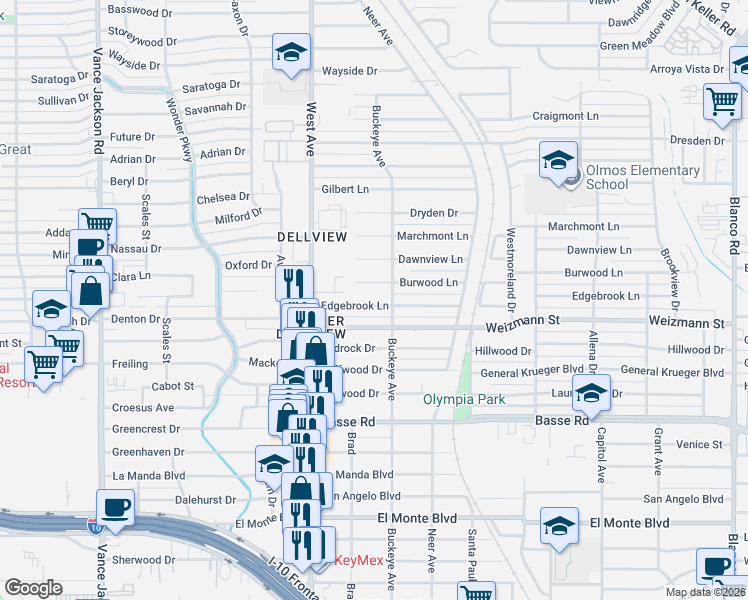 map of restaurants, bars, coffee shops, grocery stores, and more near 711 Edgebrook Lane in San Antonio