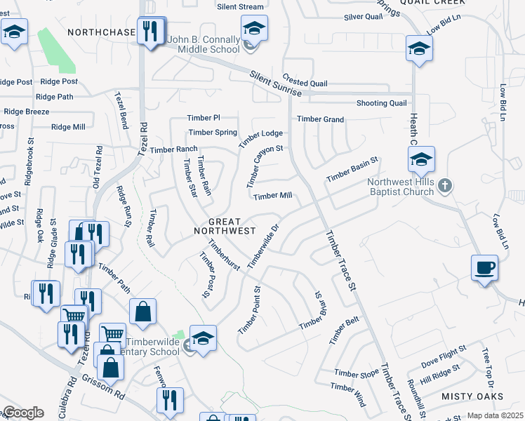 map of restaurants, bars, coffee shops, grocery stores, and more near 8519 Timber West Street in San Antonio