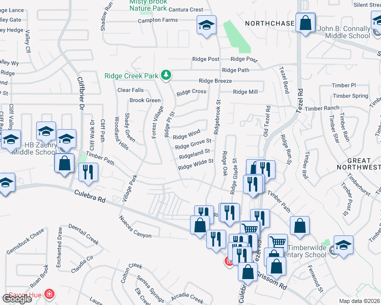 map of restaurants, bars, coffee shops, grocery stores, and more near 9235 Ridgeland Street in San Antonio