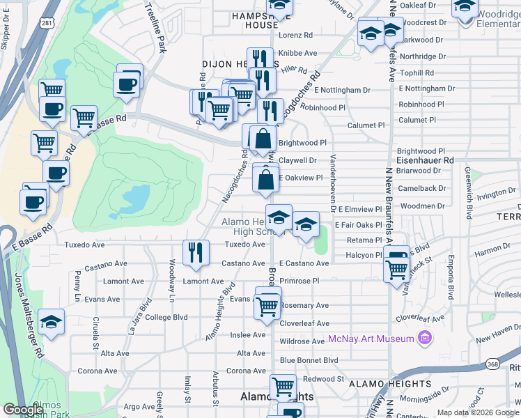 map of restaurants, bars, coffee shops, grocery stores, and more near 115 West Elmview Place in San Antonio