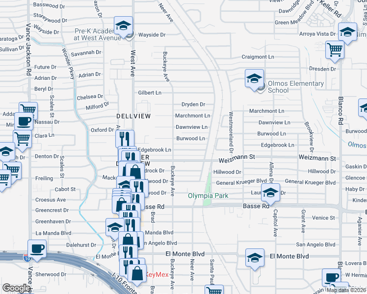 map of restaurants, bars, coffee shops, grocery stores, and more near 639 Edgebrook Lane in San Antonio