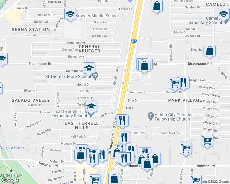 map of restaurants, bars, coffee shops, grocery stores, and more near 6910 Glendora Avenue in San Antonio