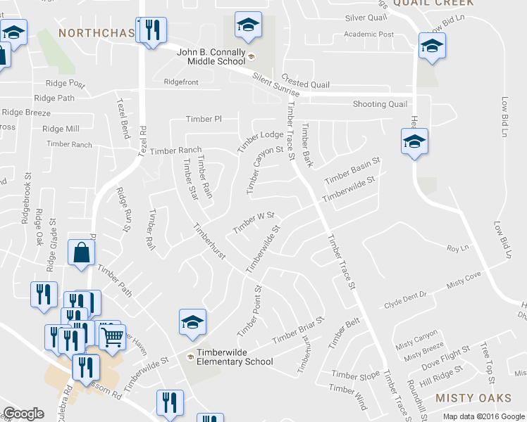 map of restaurants, bars, coffee shops, grocery stores, and more near 8519 Timber West Street in San Antonio