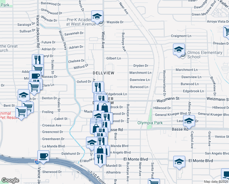 map of restaurants, bars, coffee shops, grocery stores, and more near 739 Edgebrook Lane in San Antonio