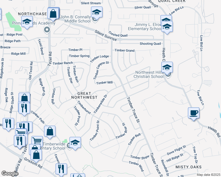 map of restaurants, bars, coffee shops, grocery stores, and more near 8431 Timberwilde Street in San Antonio