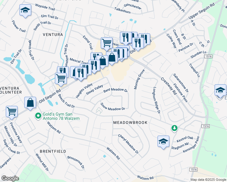 map of restaurants, bars, coffee shops, grocery stores, and more near 8203 Bent Meadow Drive in Converse