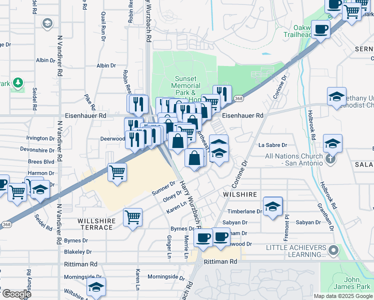 map of restaurants, bars, coffee shops, grocery stores, and more near 1520 Austin Highway in San Antonio