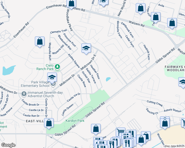map of restaurants, bars, coffee shops, grocery stores, and more near 4914 Dahlia Terrace in San Antonio