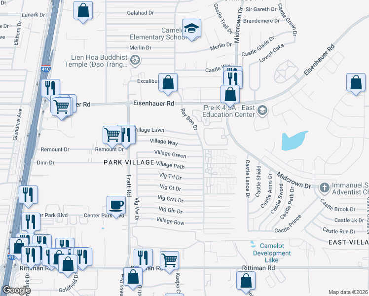 map of restaurants, bars, coffee shops, grocery stores, and more near 5146 Village Way in San Antonio