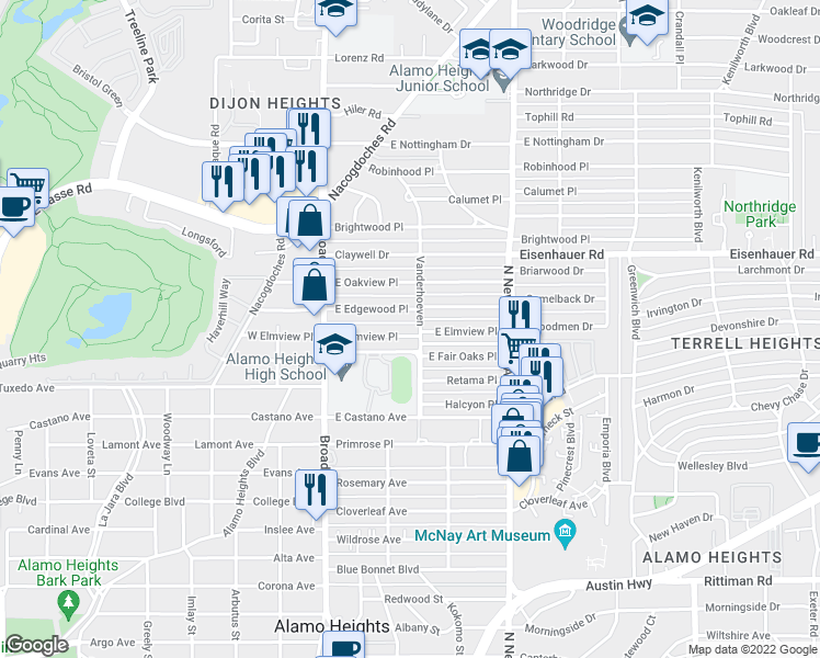 map of restaurants, bars, coffee shops, grocery stores, and more near 179 East Elmview Place in San Antonio