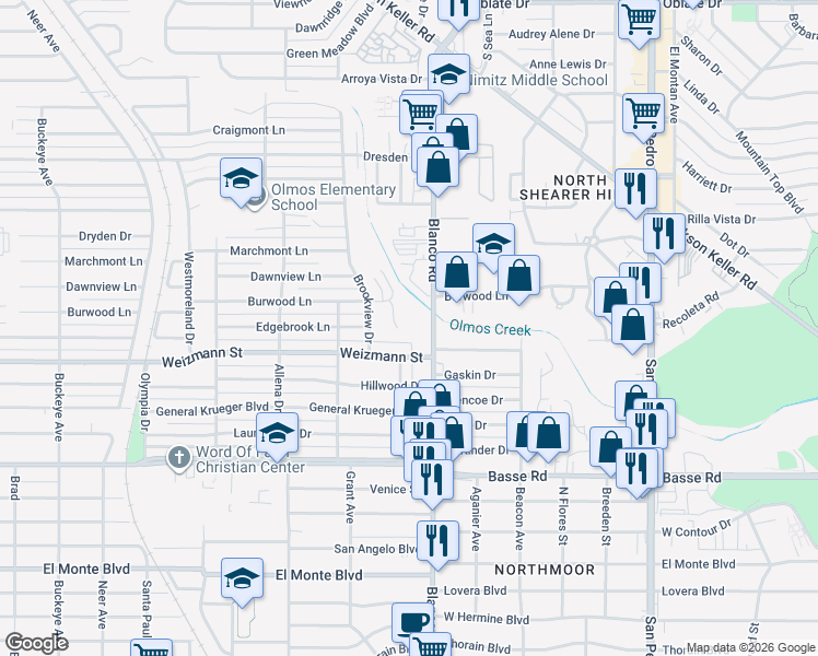 map of restaurants, bars, coffee shops, grocery stores, and more near 6805 Basilwood Drive in San Antonio