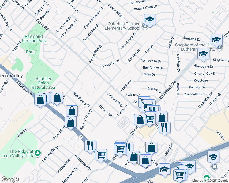 map of restaurants, bars, coffee shops, grocery stores, and more near 6104 Evers Road in San Antonio