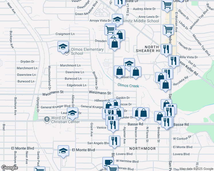 map of restaurants, bars, coffee shops, grocery stores, and more near 6805 Basilwood Drive in San Antonio