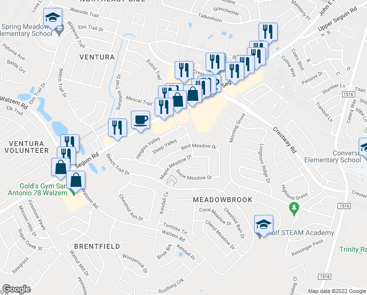 map of restaurants, bars, coffee shops, grocery stores, and more near Bent Meadow Drive in Converse