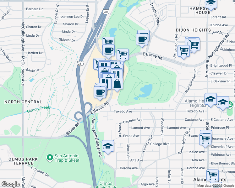 map of restaurants, bars, coffee shops, grocery stores, and more near 250 East Basse Road in San Antonio